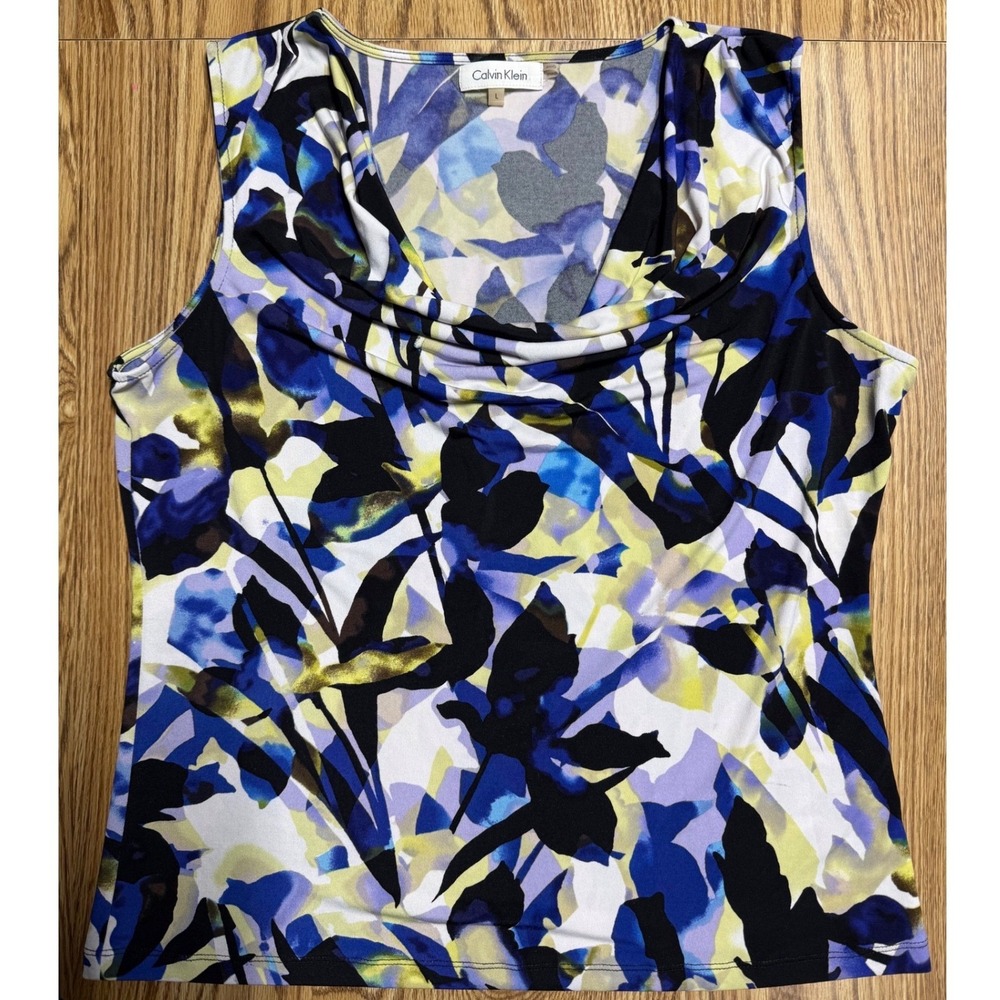 Calvin Klein L Blue Abstract Floral Cowl Neck Sleeveless Blouse Top Professional - Picture 6 of 7
